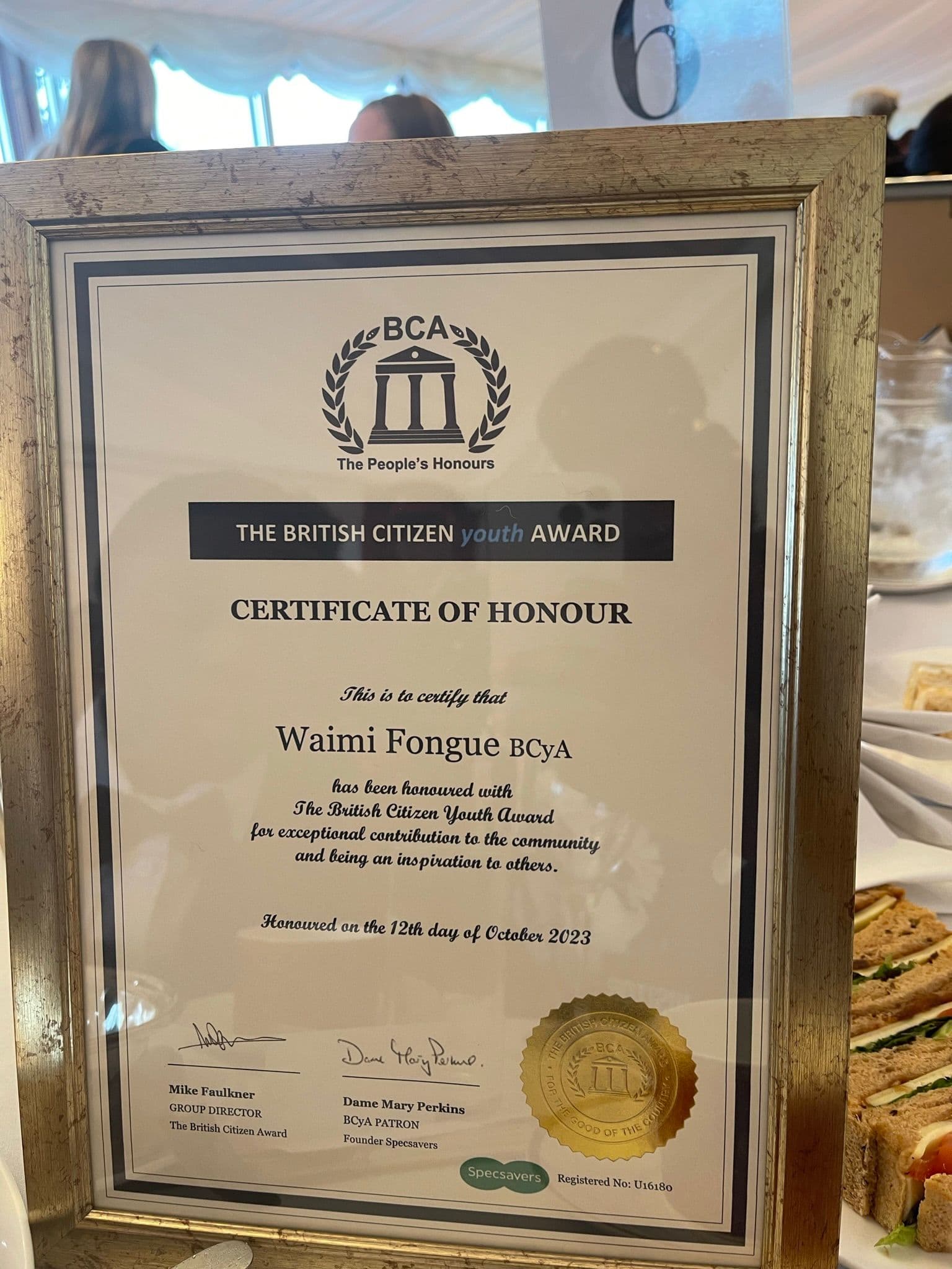 British Citizen Youth Award certificate presented to Planet Trio member Waimi Fongue